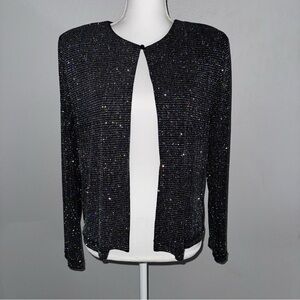 Dress Barn Vintage Womens L Black Sequin Jacket Shoulder Pads Open Front Sparkle